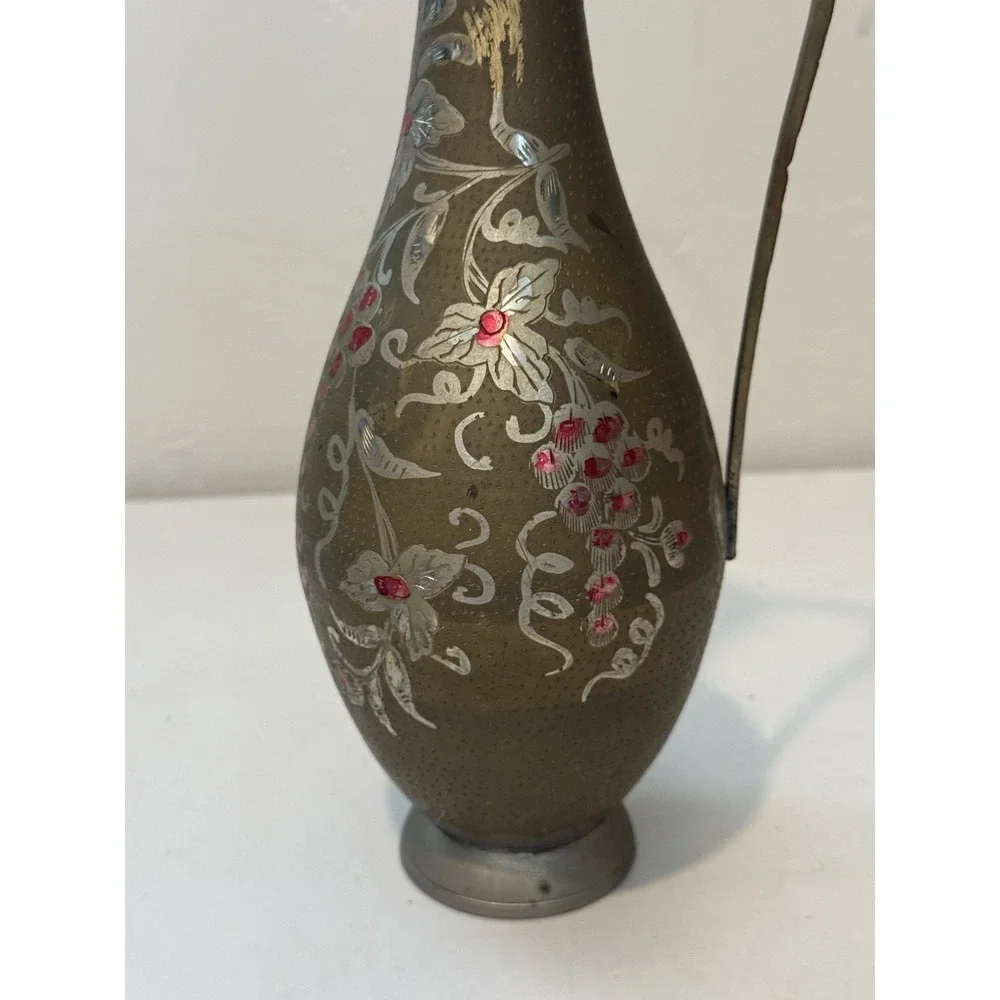 Vintage India Brass Water Pitcher Circa‎ Etched Painted Elegant Curved Handle